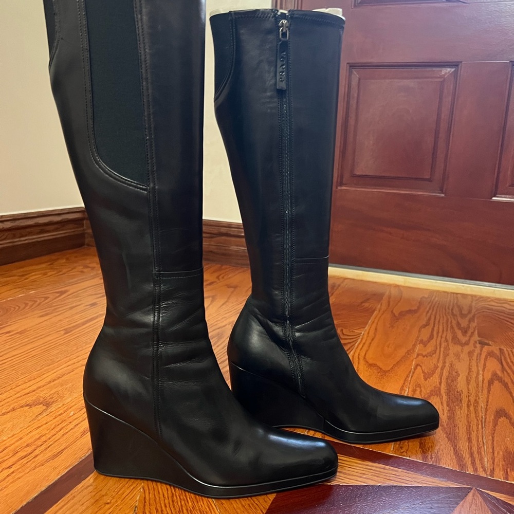 Prada Black Leather Wedge Knee Boots
